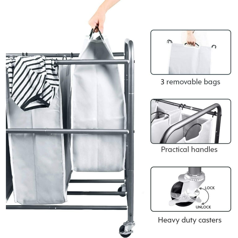 2X SHAREWIN 3-Bag Laundry Hamper Sorter Cart w/ Rolling Wheels Clothes Storage 2X SHAREWIN 3-Bag Laundry Hamper Sorter Cart w/ Rolling Wheels Clothes Storage